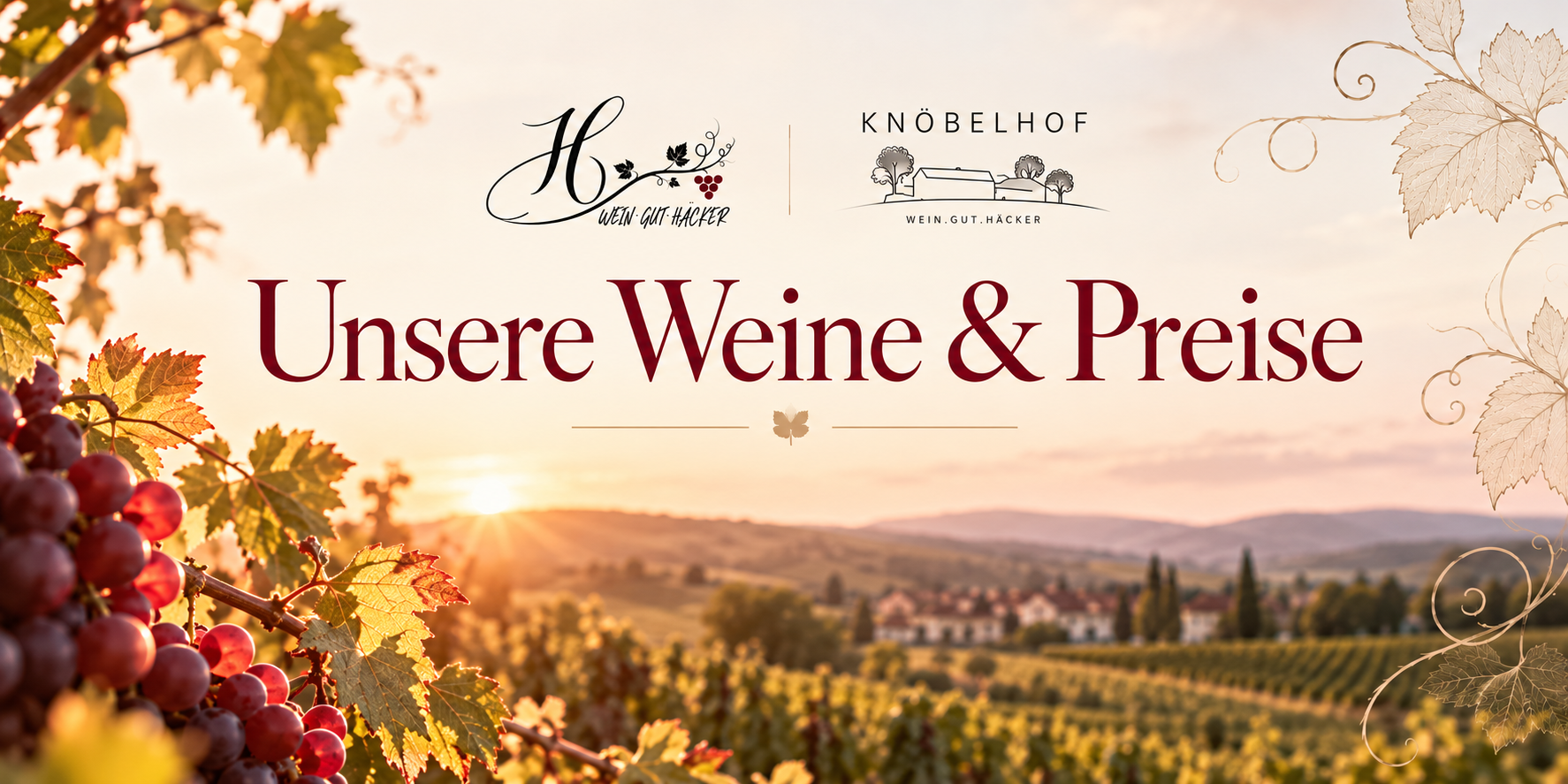 Unsere Weine und Preise – Wein.Gut.Häcker und Knöbelhof im warmen Abendlicht